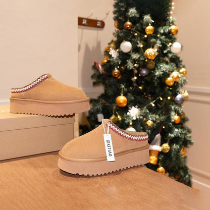 Fuzzy Slip-On Suede Leather Winter Slippers for Women