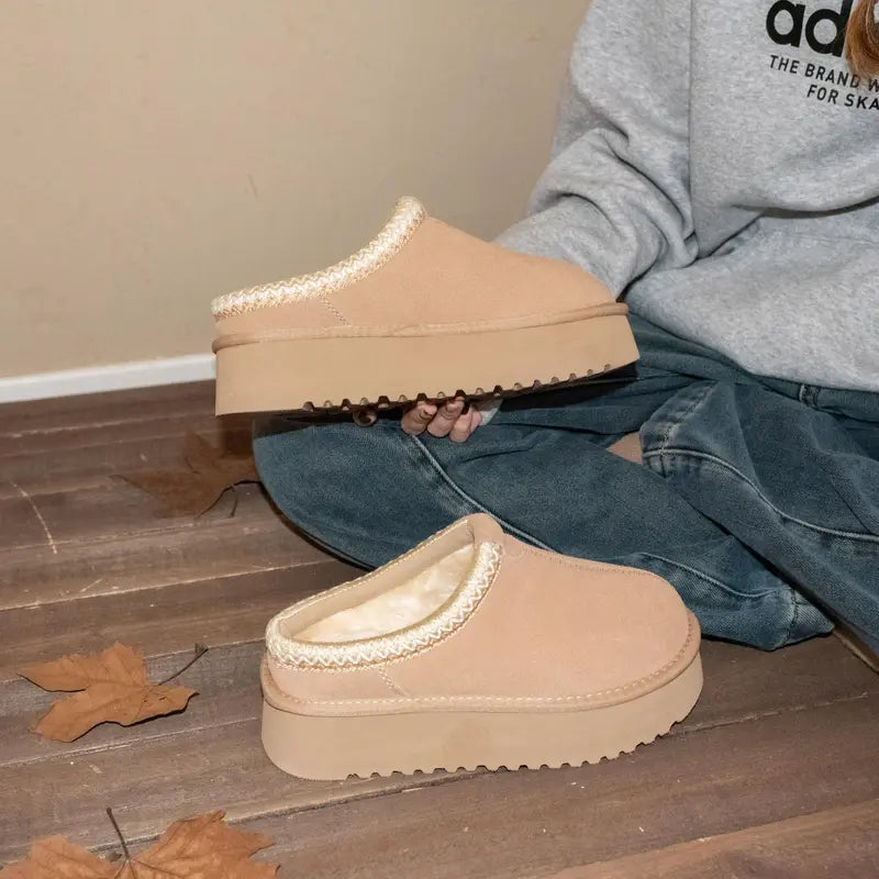 Fuzzy Slip-On Suede Leather Winter Slippers for Women