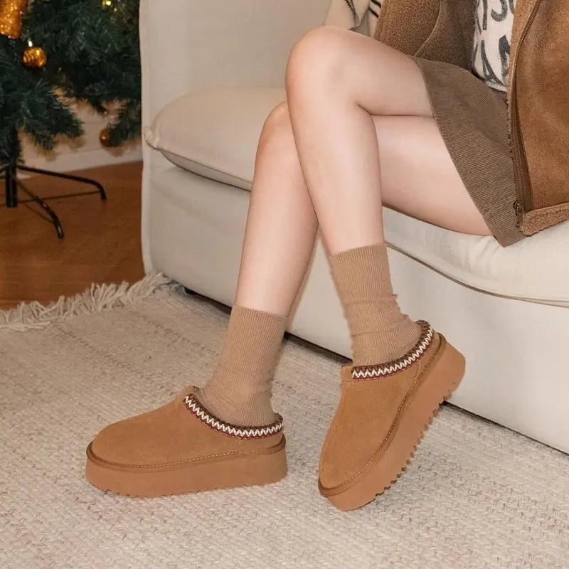 Fuzzy Slip-On Suede Leather Winter Slippers for Women