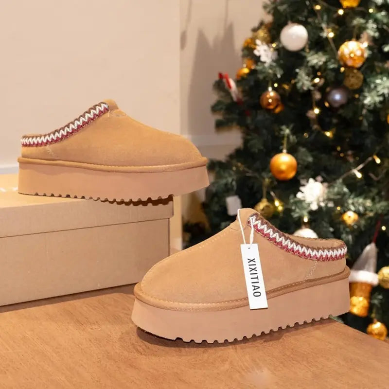 Fuzzy Slip-On Suede Leather Winter Slippers for Women