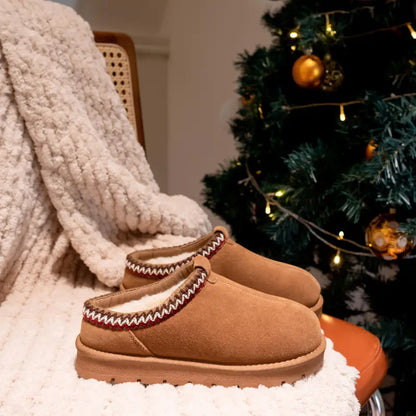 Fuzzy Slip-On Suede Leather Winter Slippers for Women